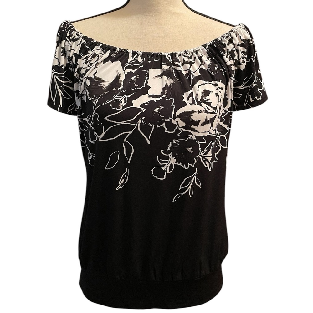White House Black Market Black & White Floral Off-Shoulder Top
